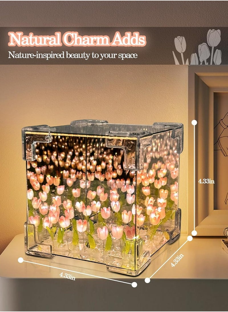 yIFeNG Tulip Night Light,Led Decorative Nights Lamp for Bedroom,Handmade DIY Magic Cube Tulips Flower Table Lamp and Mirror 2 in 1,21 Flowers Birthday Gifts for Women and Girl (Pink Tulips)  - Image 4