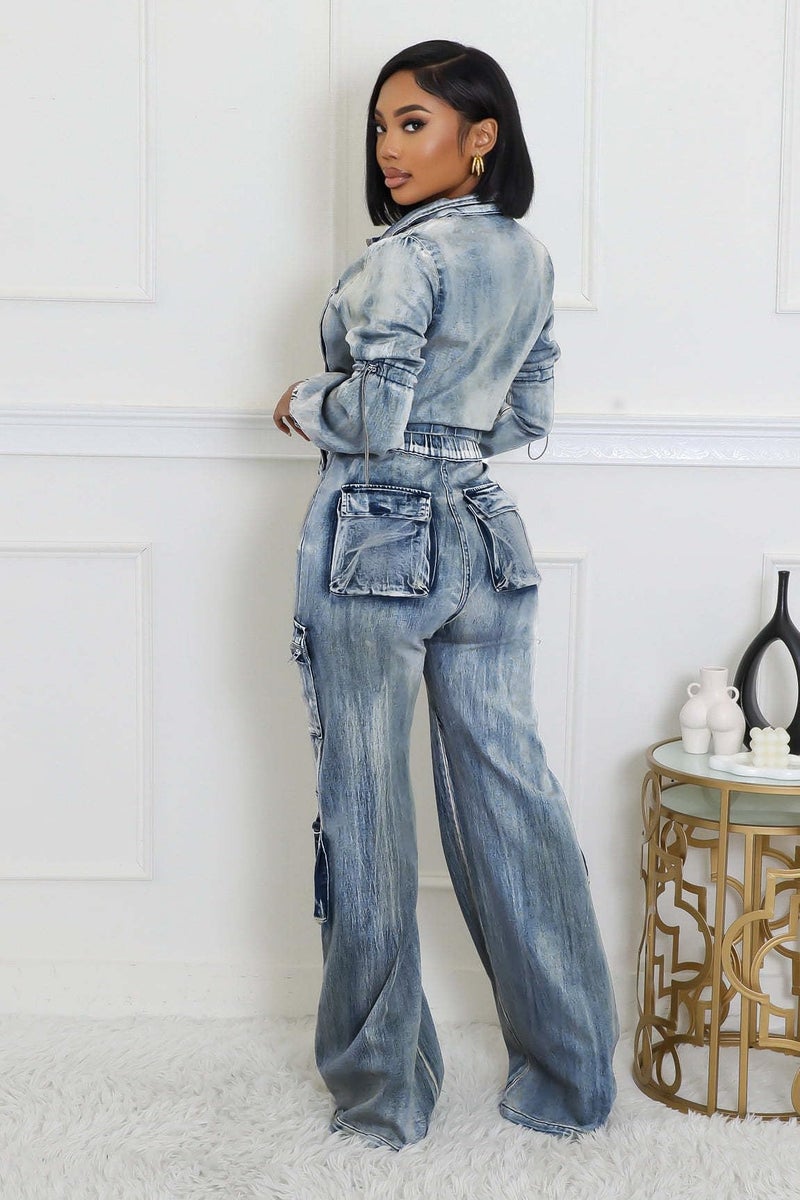 Molilove Women's Two Piece Denim Outfits Long Sleeve Cropped Jean Jacket Cargo Pants with Pockets Y2K Tracksuit Set - Image 5