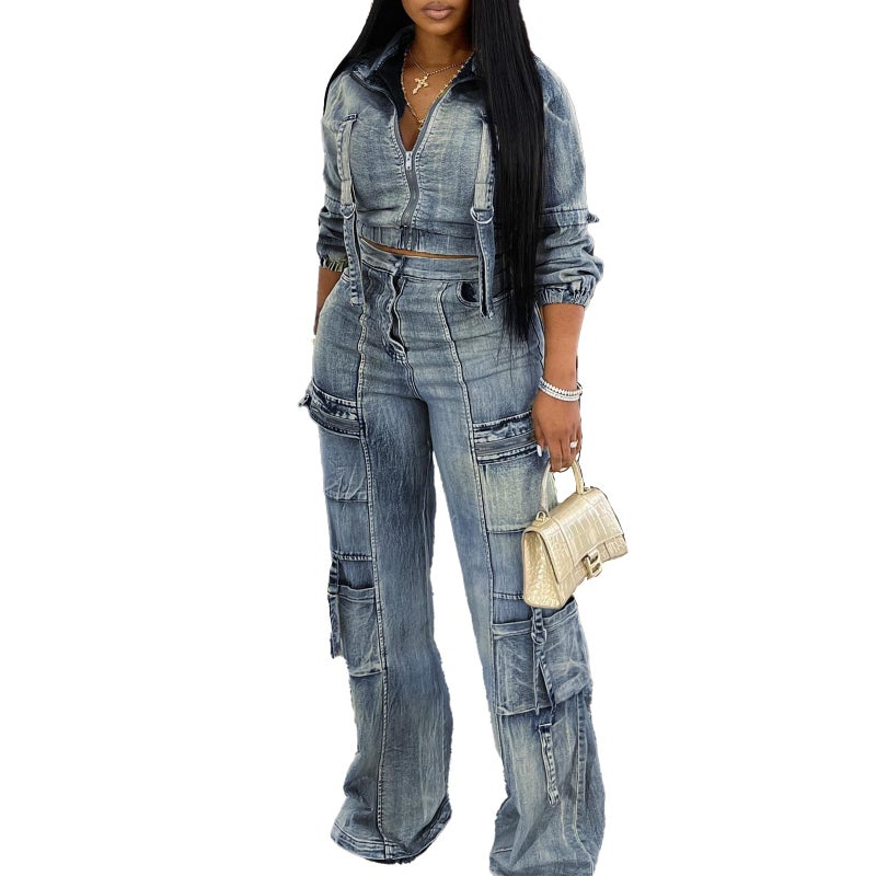 Molilove Women's Two Piece Denim Outfits Long Sleeve Cropped Jean Jacket Cargo Pants with Pockets Y2K Tracksuit Set - Image 1