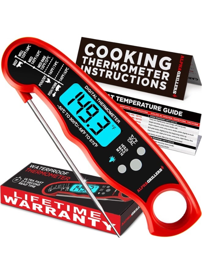 Alpha Grillers Instant Read Meat Thermometer for Grill and Cooking. Best Waterproof Ultra Fast Thermometer with Backlight & Calibration. Digital Food Probe for Kitchen, Outdoor Grilling and BBQ!
