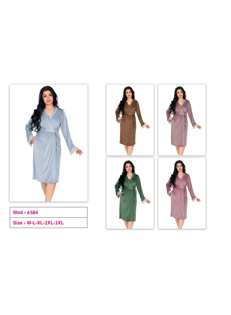 Dadoush Women's short velvet nightgown with long sleeves and lace, plain women's kimono from Dadoush - Image 3