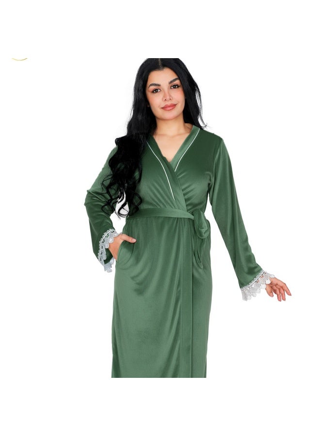 Dadoush Women's short velvet nightgown with long sleeves and lace, plain women's kimono from Dadoush - Image 4