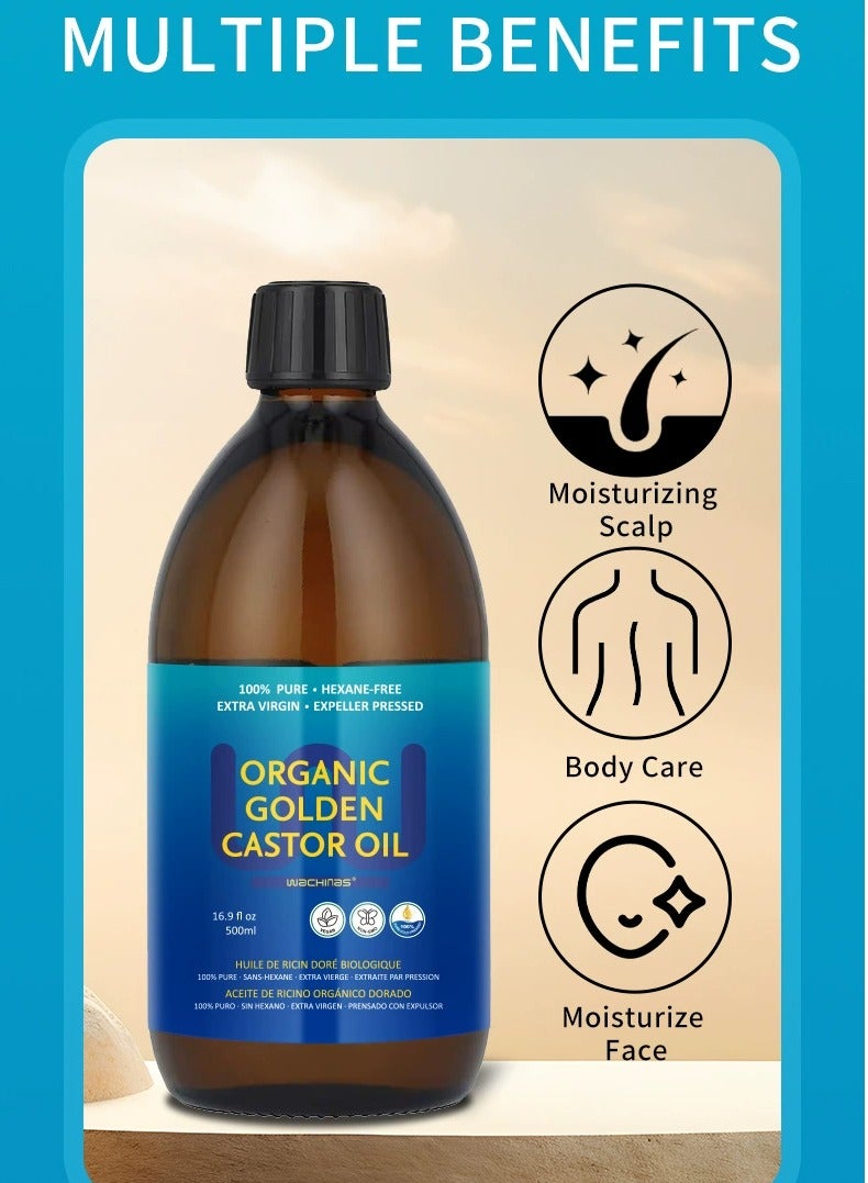 wachinas Organic Golden Castor Oil - 500mL (16.91 Fl Oz (Pack of 1)) | 100% Pure & Expeller Pressed for Hair, Skin & Digestion | Hexane Free - Image 5