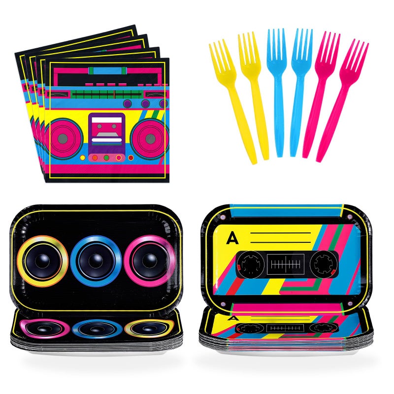 Greencian 96Pcs 80s 90s Party Decorations Cassette Tape Plates and Napkins Retro Disco Music Themed Supplies Hip Hop Kpop Disposable Tableware for Retro 80s 90s Birthday Party Decorations - Image 1