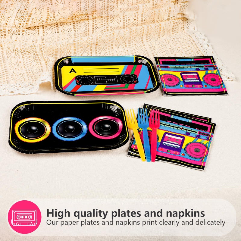 Greencian 96Pcs 80s 90s Party Decorations Cassette Tape Plates and Napkins Retro Disco Music Themed Supplies Hip Hop Kpop Disposable Tableware for Retro 80s 90s Birthday Party Decorations - Image 4
