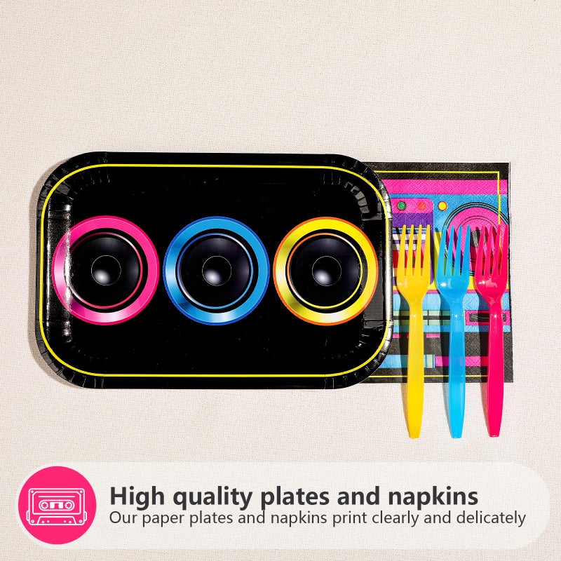 Greencian 96Pcs 80s 90s Party Decorations Cassette Tape Plates and Napkins Retro Disco Music Themed Supplies Hip Hop Kpop Disposable Tableware for Retro 80s 90s Birthday Party Decorations - Image 3