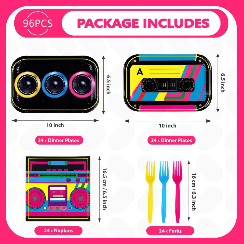 Greencian 96Pcs 80s 90s Party Decorations Cassette Tape Plates and Napkins Retro Disco Music Themed Supplies Hip Hop Kpop Disposable Tableware for Retro 80s 90s Birthday Party Decorations - Image 2