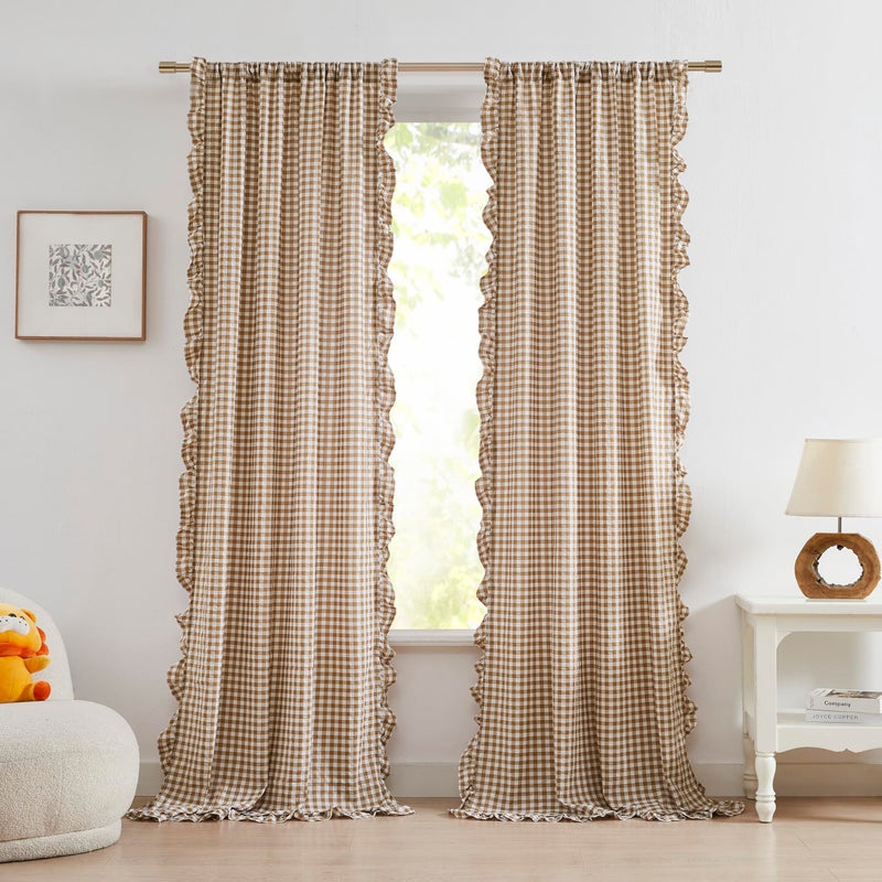 ZJDECOR Brown White Buffalo Plaid Curtains 84 Inches Long,Cottage Ruffle Not-See-Through Sheer Crinkle Drapes,Farmhouse Window Treatment for Nursery Bedroom Living Room,Rod Pocket,40"Wx84"L(Pack of 2ï¼‰ - Image 1