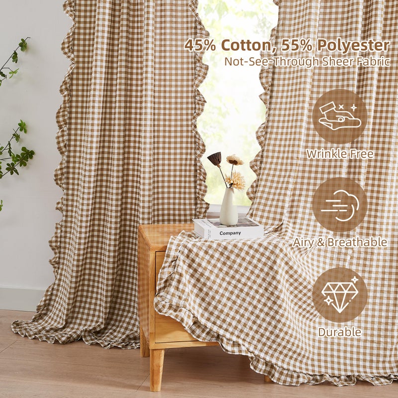 ZJDECOR Brown White Buffalo Plaid Curtains 84 Inches Long,Cottage Ruffle Not-See-Through Sheer Crinkle Drapes,Farmhouse Window Treatment for Nursery Bedroom Living Room,Rod Pocket,40"Wx84"L(Pack of 2ï¼‰ - Image 2