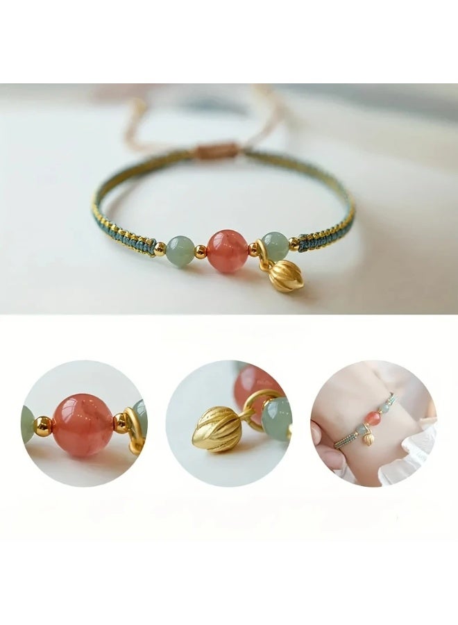 Goolsky سوار بيد من الكارنيل الأحمر القابل للتعديل للنساء، تصميم مضفر على الطراز الصيني، هدية مثالية ليوم الأم، سوار موضة لجميع الفصول، حبل قطن مع قلادة زجاجية، بدون طلاء - Image 5