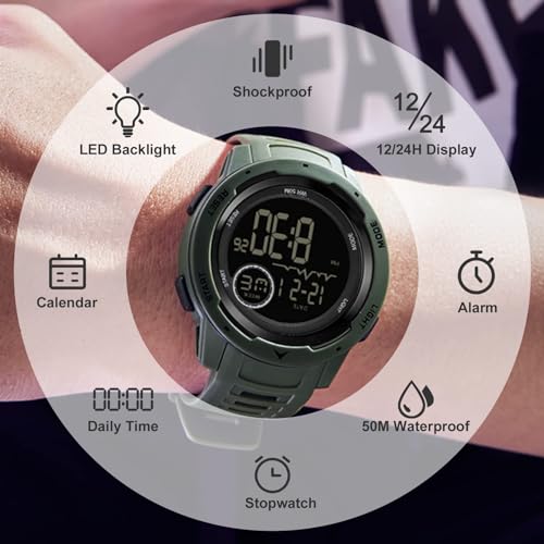 findtime Men's Digital Watch Waterproof Sports Watches Tactical Military Stopwatch Alarm 12/24H Outdoor Mens Wristwatch for Running Swimming Relojes para Hombres Army Green - Image 3