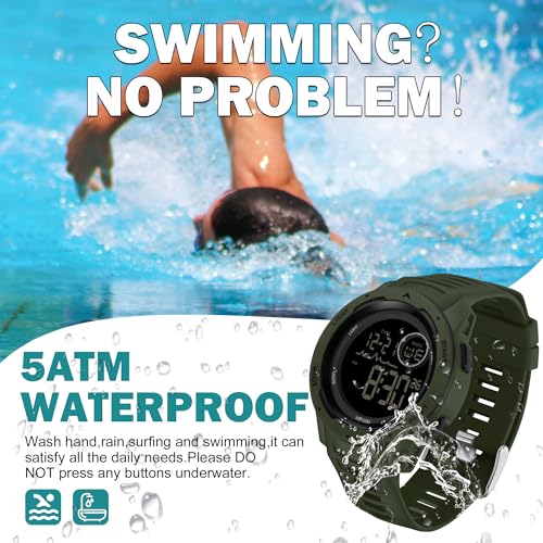 findtime Men's Digital Watch Waterproof Sports Watches Tactical Military Stopwatch Alarm 12/24H Outdoor Mens Wristwatch for Running Swimming Relojes para Hombres Army Green - Image 2