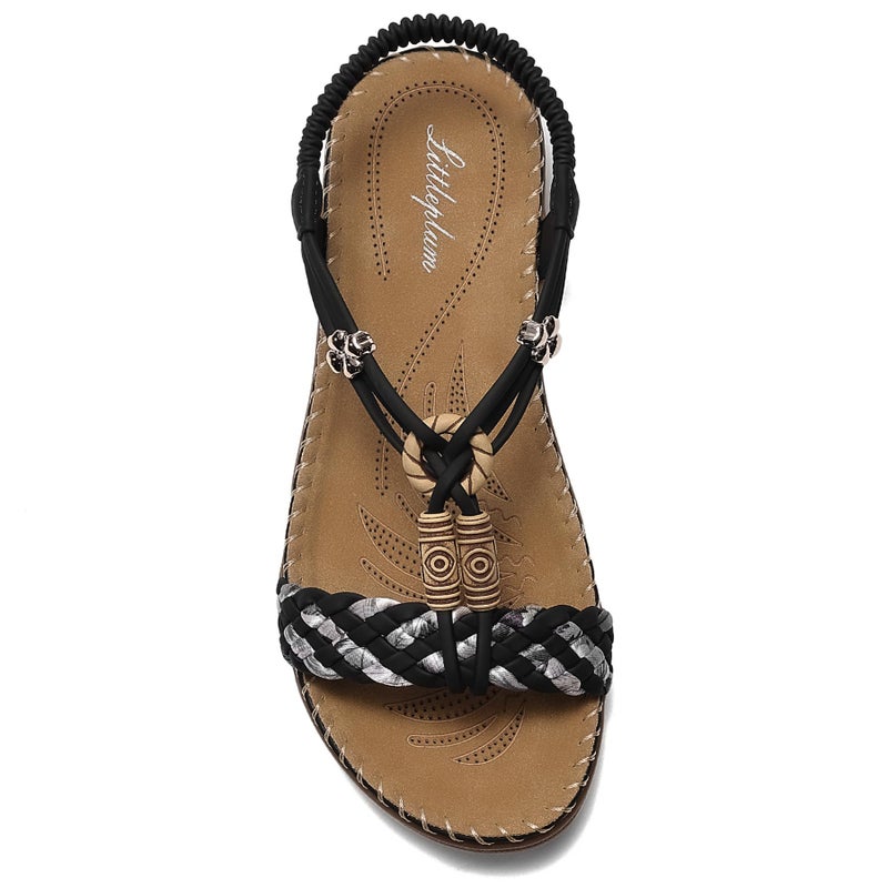 Littleplum Women Sandals Arch Support Handmade Bohemian Braided Flat Sandals Comfort Walking Beach Ankle Elastic Summer Shoes Black Size 8 - Image 1
