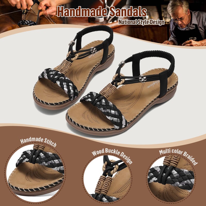 Littleplum Women Sandals Arch Support Handmade Bohemian Braided Flat Sandals Comfort Walking Beach Ankle Elastic Summer Shoes Black Size 8 - Image 3