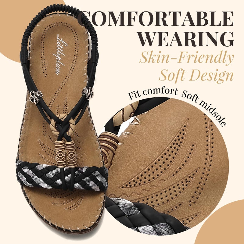 Littleplum Women Sandals Arch Support Handmade Bohemian Braided Flat Sandals Comfort Walking Beach Ankle Elastic Summer Shoes Black Size 8 - Image 5