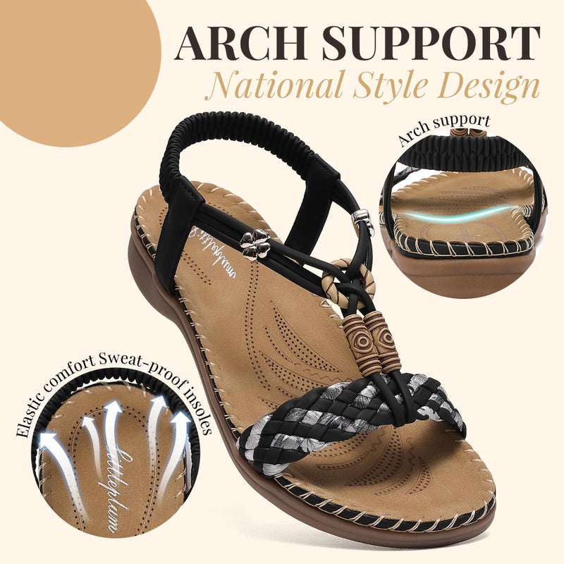Littleplum Women Sandals Arch Support Handmade Bohemian Braided Flat Sandals Comfort Walking Beach Ankle Elastic Summer Shoes Black Size 8 - Image 4