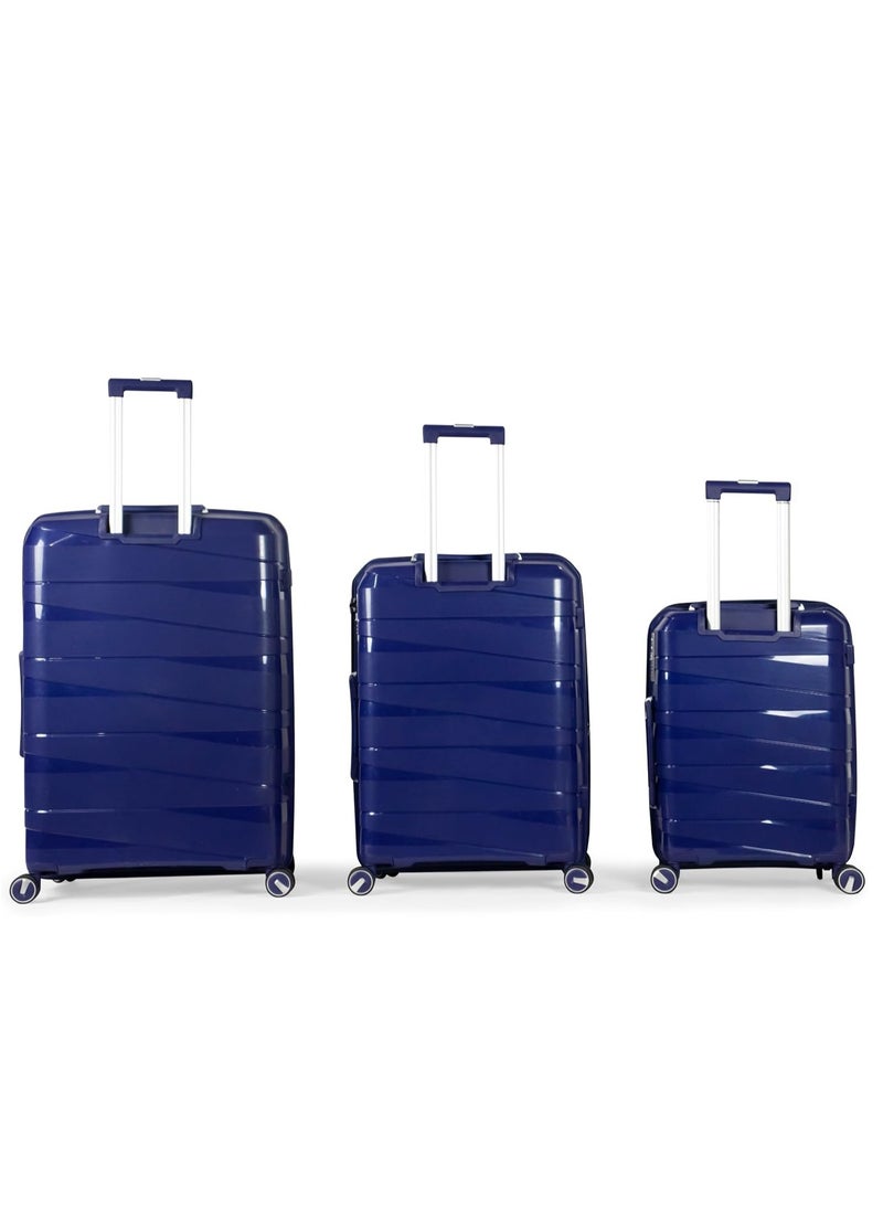 Mortiz Complete 3 Piece Polypropylene Luggage Set with Unbreakable Wheels Blue
