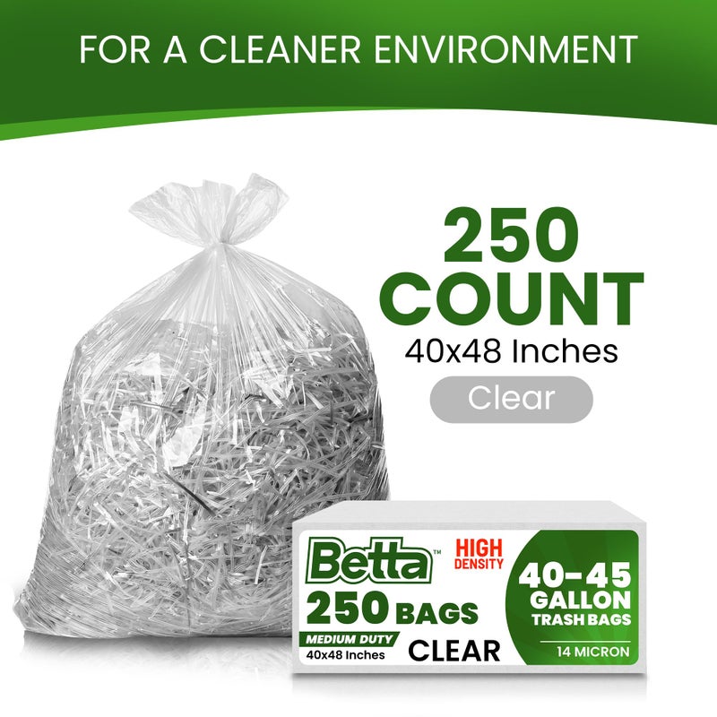 Betta 40-45 Gallon Clear High-Density Trash Bags, 250 Count Box, (40x48-inch) Commercial Medium-Duty Garbage Can Liners - Image 2