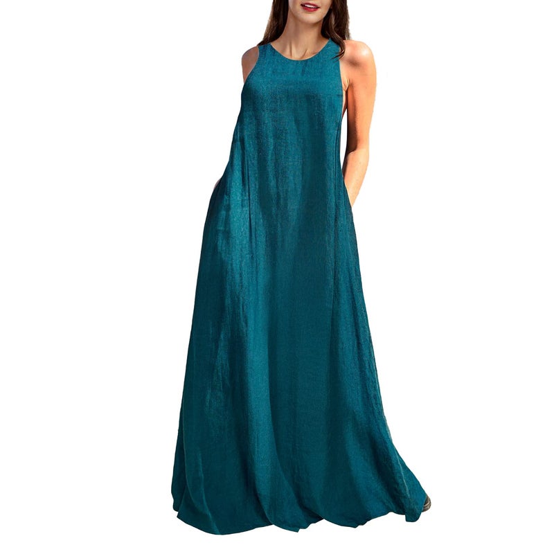 Rainday Women's Linen Dress Sleeveness Loose Dresses Casual Maxi Dress with Pockets(Z3019GN,XL) - Image 1
