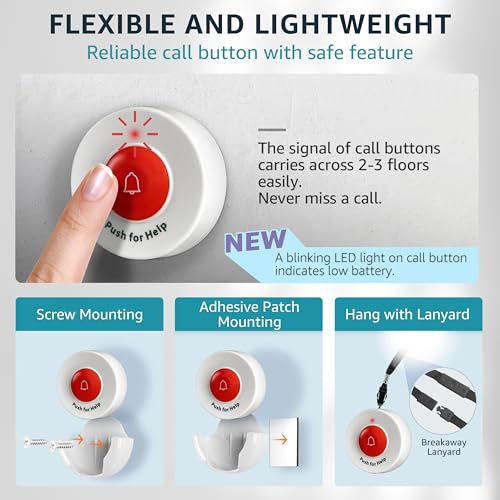 SYNLETT Caregiver Pager Wireless Nurse Call Button for Elderly Home Monitoring Alert System Portable Alarm Bell Seniors Patients Emergency 3 Call Buttons, 2 Pagers - Image 3