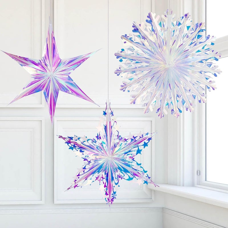 Vomika 3PCS Iridescent Decoration Ornaments Hanging Decorations, Iridescent Snowflakes Fan, Starry Snowflake, Hexagram Stars Garland for Home Decorations Wedding Birthday Christmas Parties, - Image 1