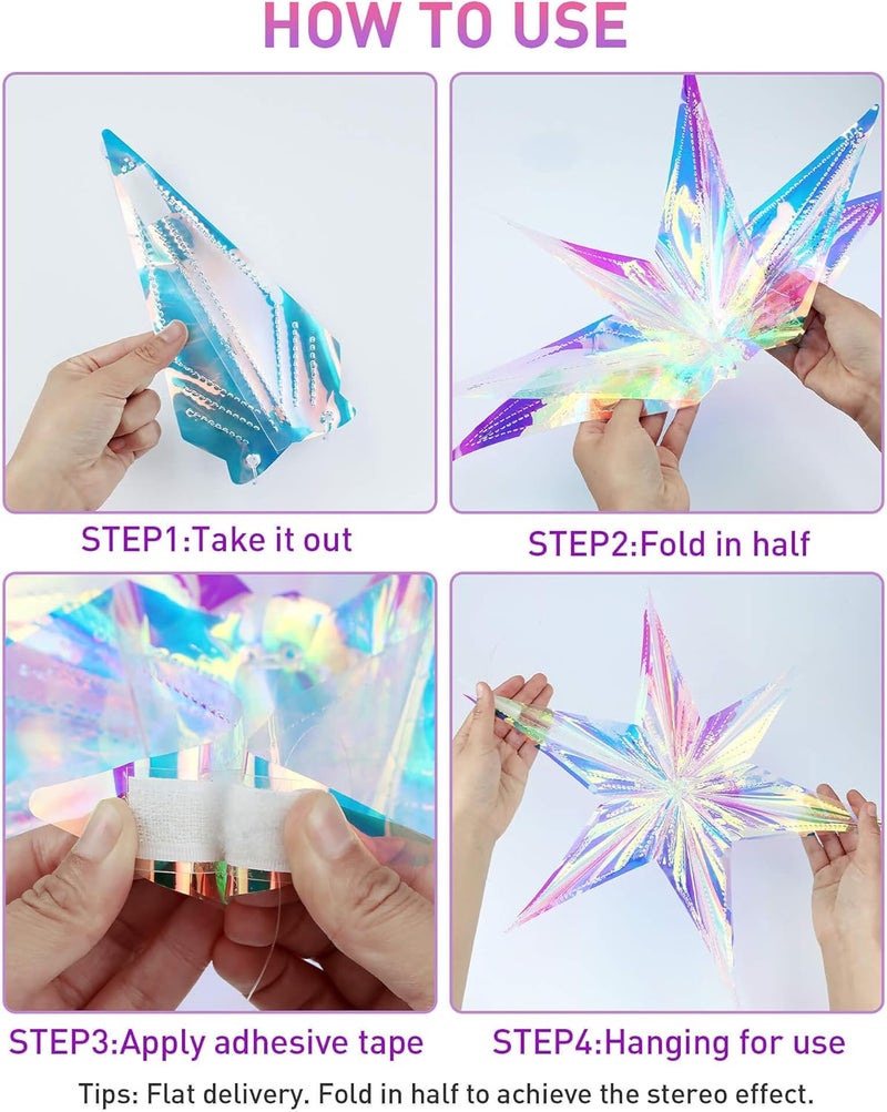Vomika 3PCS Iridescent Decoration Ornaments Hanging Decorations, Iridescent Snowflakes Fan, Starry Snowflake, Hexagram Stars Garland for Home Decorations Wedding Birthday Christmas Parties, - Image 5