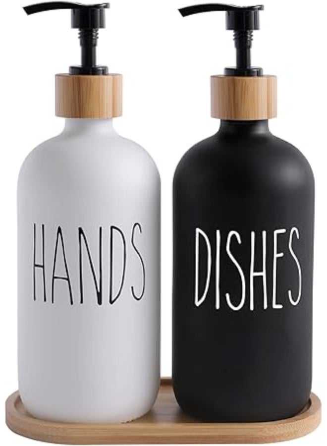 Soap Dispenser Set with bamboo tray, Glass Hand Soap Dispenser and Glass Dish Soap Dispenser, Kitchen Soap Dispenser Set Decor, Refillable Hand Soap and Dish Soap Dispenser for Bathroom and Kitchen, liquid soap glass bottle, Modern Farmhouse Decor - Image 1