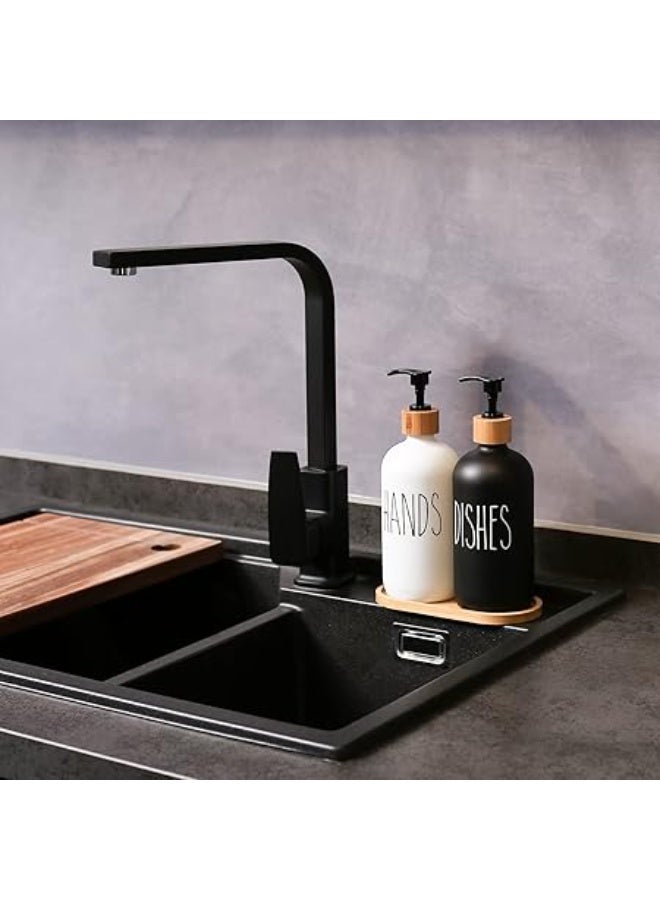 Soap Dispenser Set with bamboo tray, Glass Hand Soap Dispenser and Glass Dish Soap Dispenser, Kitchen Soap Dispenser Set Decor, Refillable Hand Soap and Dish Soap Dispenser for Bathroom and Kitchen, liquid soap glass bottle, Modern Farmhouse Decor - Image 4