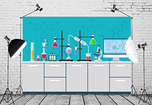 BELECO Chemical Science Birthday Party Backdrop 7x5ft Fabric Cartoon Chemistry Lab Equipment Science Research Background for Kids Science Party Decorations Mad Scientist Party Banner Photo Props - Image 3