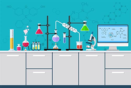 BELECO Chemical Science Birthday Party Backdrop 7x5ft Fabric Cartoon Chemistry Lab Equipment Science Research Background for Kids Science Party Decorations Mad Scientist Party Banner Photo Props - Image 1