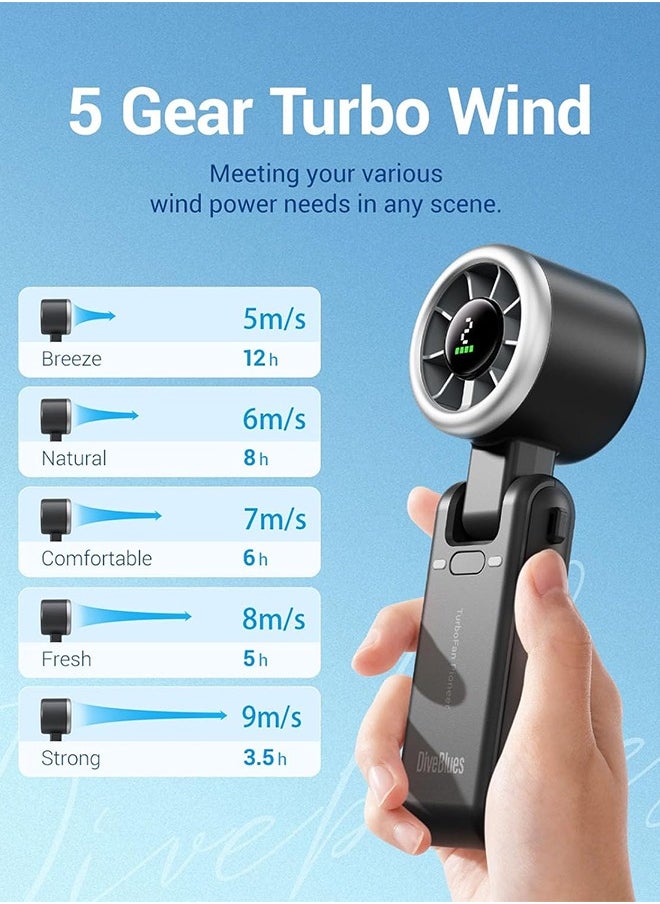 Sweet Life - Portable Handheld Turbo Fan, 5 Gear Wind Hand Fan, 5000mAh Battery Personal Fans Portable Rechargeable, 20 Hours Pocket Fan, 3 IN 1 Hand Held Fan, Portable Fan for Travel/Outdoor/Indoor(Black) - Image 1