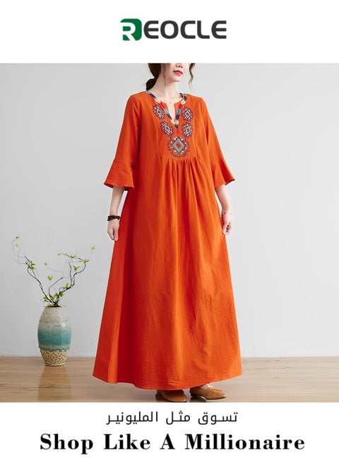 Women's Embroidered Dress V Neck Mexican Dress Traditional Floral Boho Dress Loose Cotton and Linen Dress