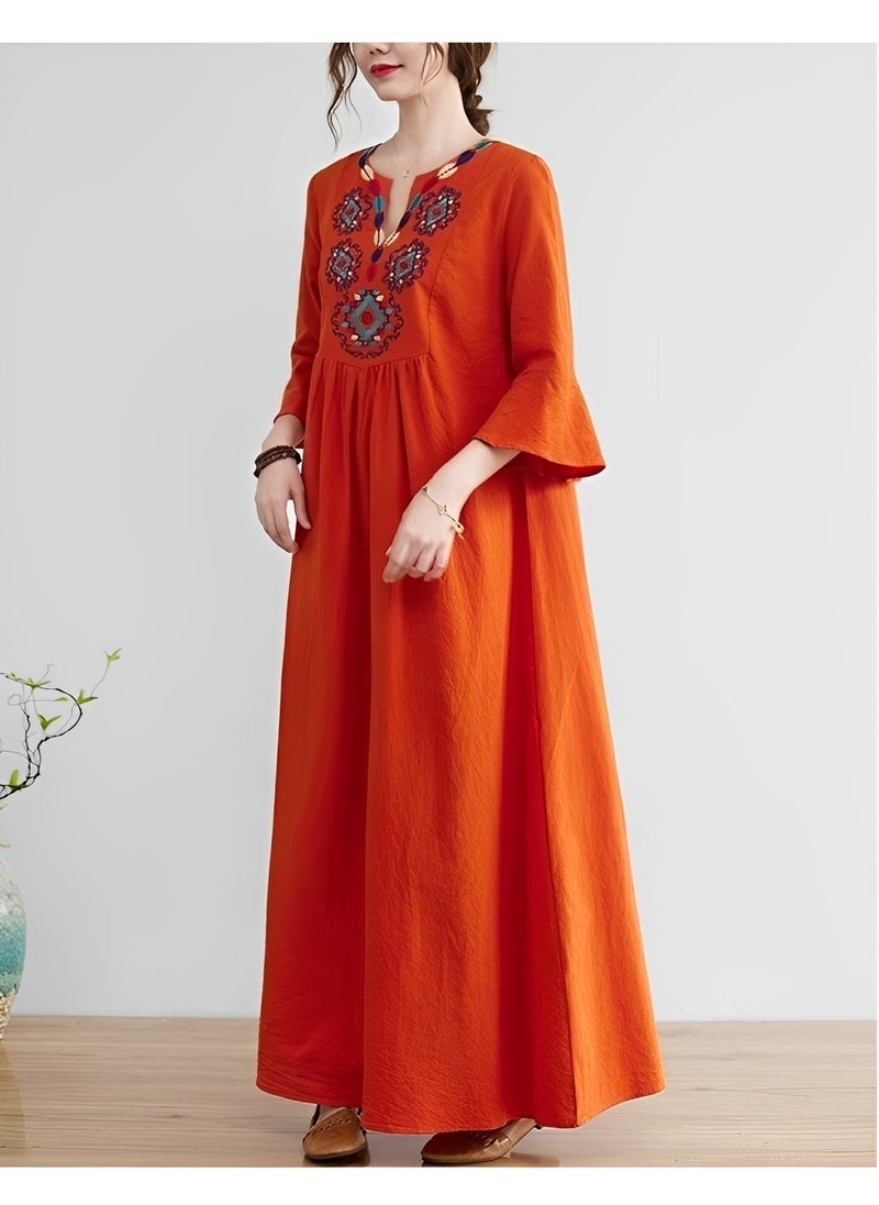 Women's Embroidered Dress V Neck Mexican Dress Traditional Floral Boho Dress Loose Cotton and Linen Dress