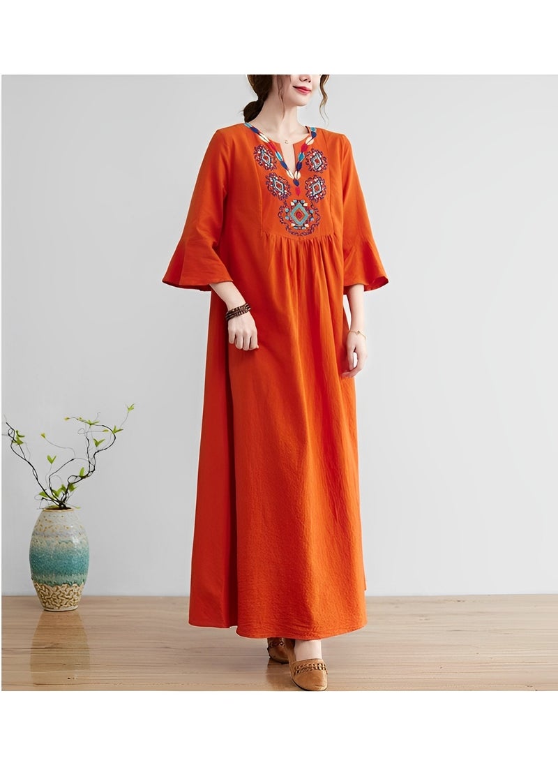Women's Embroidered Dress V Neck Mexican Dress Traditional Floral Boho Dress Loose Cotton and Linen Dress