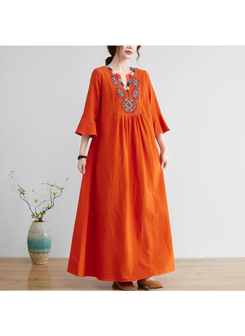 Women's Embroidered Dress V Neck Mexican Dress Traditional Floral Boho Dress Loose Cotton and Linen Dress