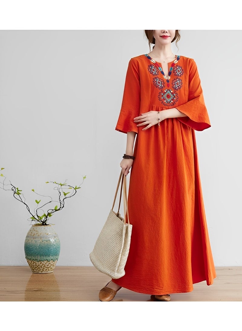 Women's Embroidered Dress V Neck Mexican Dress Traditional Floral Boho Dress Loose Cotton and Linen Dress