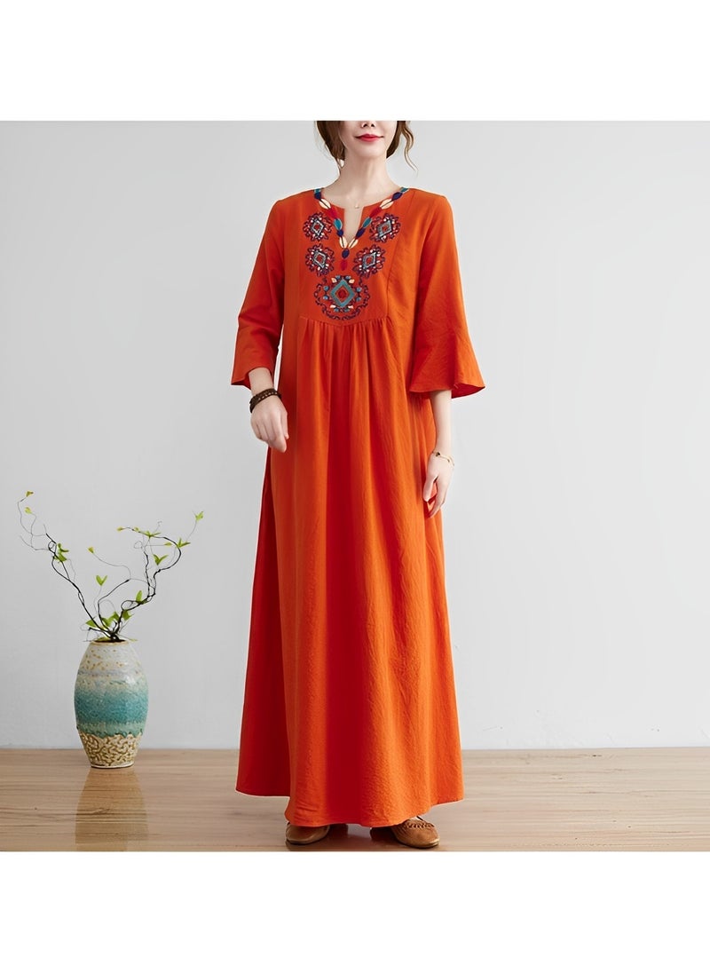 Women's Embroidered Dress V Neck Mexican Dress Traditional Floral Boho Dress Loose Cotton and Linen Dress