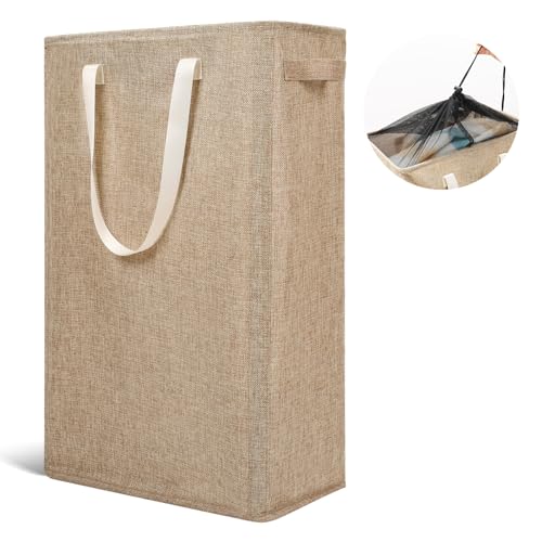 Odonata Slim Laundry Hamper Handles Collapsible Laundry Basket Thin Dirty Clothes Basket Narrow Laundry Bag Foldable Dirty Hamper 45L (Light Khaki) - Image 1