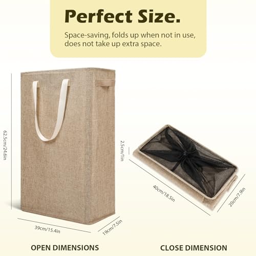 Odonata Slim Laundry Hamper Handles Collapsible Laundry Basket Thin Dirty Clothes Basket Narrow Laundry Bag Foldable Dirty Hamper 45L (Light Khaki) - Image 2