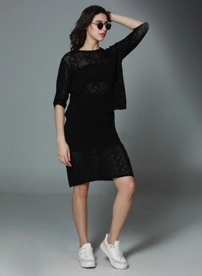 Women's Black 100% Cotton Solid Pattern T-Shirt Upperwear Mini Bodycon Regular Fit Co-Ords