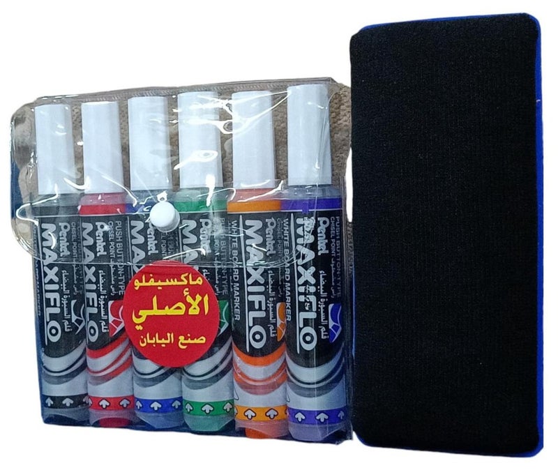 Pentel Maxiflo Whiteboard Marker Set 6 Pieces Multicolor with Eraser for Office School Home Use and Daily Writing - Image 1