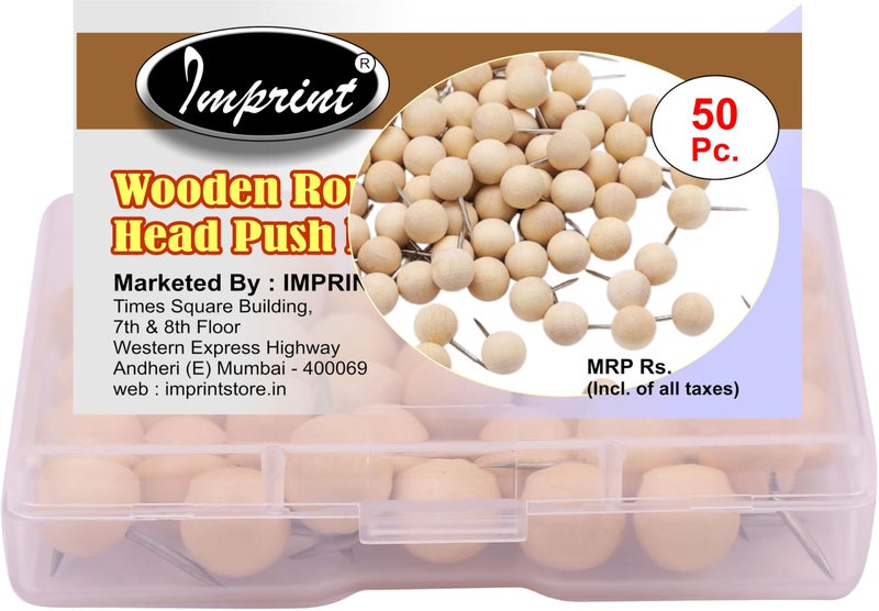 IMPRINT Round Wooden Map Thumb Tacks Natural Wood Push Pins with Steel for Photos, Corkboard, Calendar and DIY Craft Project, Pack of 50 - Image 1