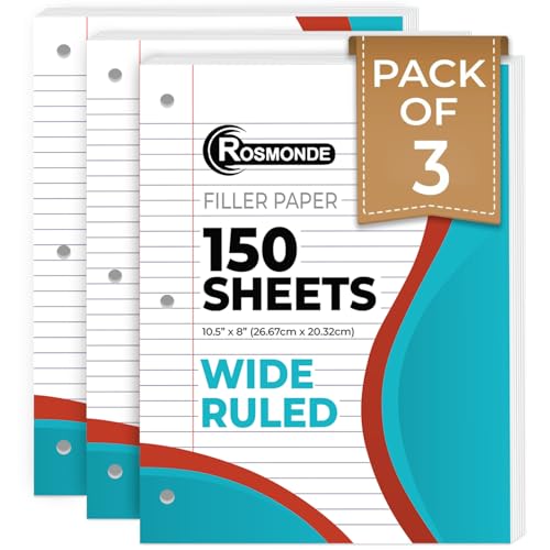 Rosmonde Loose Leaf Paper, 450 Sheets, 3 Pack, 56 gsm Wide Ruled Sheets, 8" x 10.5", Bulk Notebook Paper, 3 Hole Punched, 150 Sheets/Pack, Wide Ruled Paper for Binders, Loose Leaf Office Paper, White - Image 1