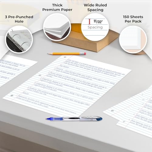 Rosmonde Loose Leaf Paper, 450 Sheets, 3 Pack, 56 gsm Wide Ruled Sheets, 8" x 10.5", Bulk Notebook Paper, 3 Hole Punched, 150 Sheets/Pack, Wide Ruled Paper for Binders, Loose Leaf Office Paper, White - Image 2