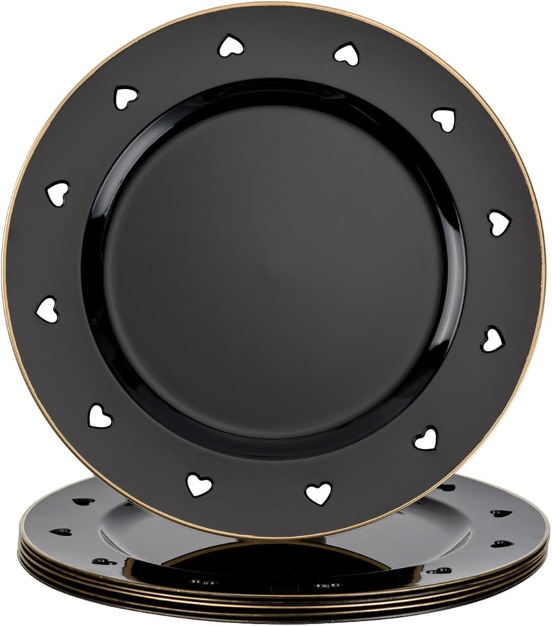 Kazozobi 13 Round Black Charger Plates Heart Hollow Chargers for Dinner Plates with Golden Border Formal Table Setting Accessory Centerpiece Bluk Wedding Valentines Day Galentines Day Set of 6 - Image 1