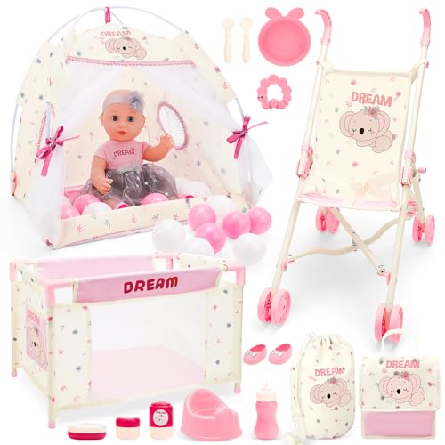 deAO Baby Doll Stroller Crib Bed Tent Set Nursery Playset Baby Doll Accessories Camping Tent Set with 14 Baby Dolls Storage Travel Bag and Balls Birthday Gift for Girls Toddlers Pretend Play - Image 1