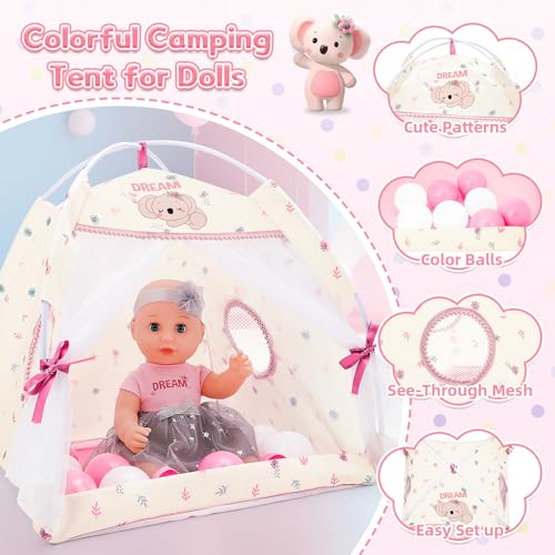 deAO Baby Doll Stroller Crib Bed Tent Set Nursery Playset Baby Doll Accessories Camping Tent Set with 14 Baby Dolls Storage Travel Bag and Balls Birthday Gift for Girls Toddlers Pretend Play - Image 5