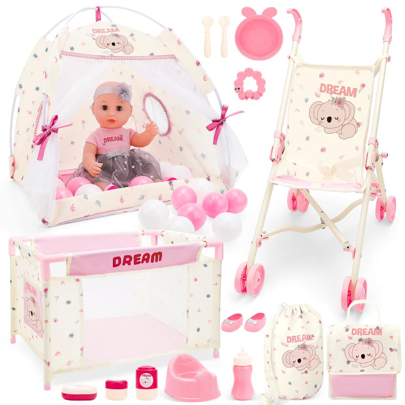 deAO Baby Doll Stroller Crib Bed Tent Set Nursery Playset Baby Doll Accessories Camping Tent Set with 14 Baby Dolls Storage Travel Bag and Balls Birthday Gift for Girls Toddlers Pretend Play - Image 3