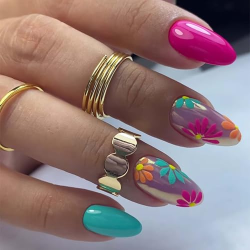 QQPPOLIU Flower Press on Nails Medium Artificial False Nails Almond Shape with Floral Design Nails Press ons for Women and Girl Fall Gift - Image 1