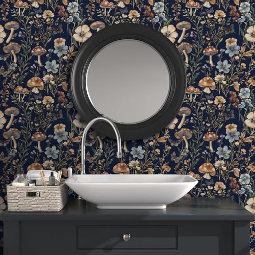 Froluya Mushroom Peel and Stick Wallpaper Dark Floral Contact Paper 16.9" x 118.1" Navy Floral Wallpaper Peel and Stick for Bathroom Vintage Boho Self Adhesive Removable Wall Paper Kitchen Cabinets - Image 2